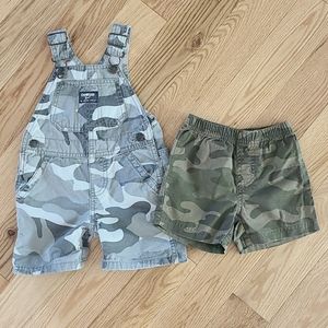 Oshkosh Camo Overalls & Carter's Camo Pull On Shorts. Both Size 12M. EUC